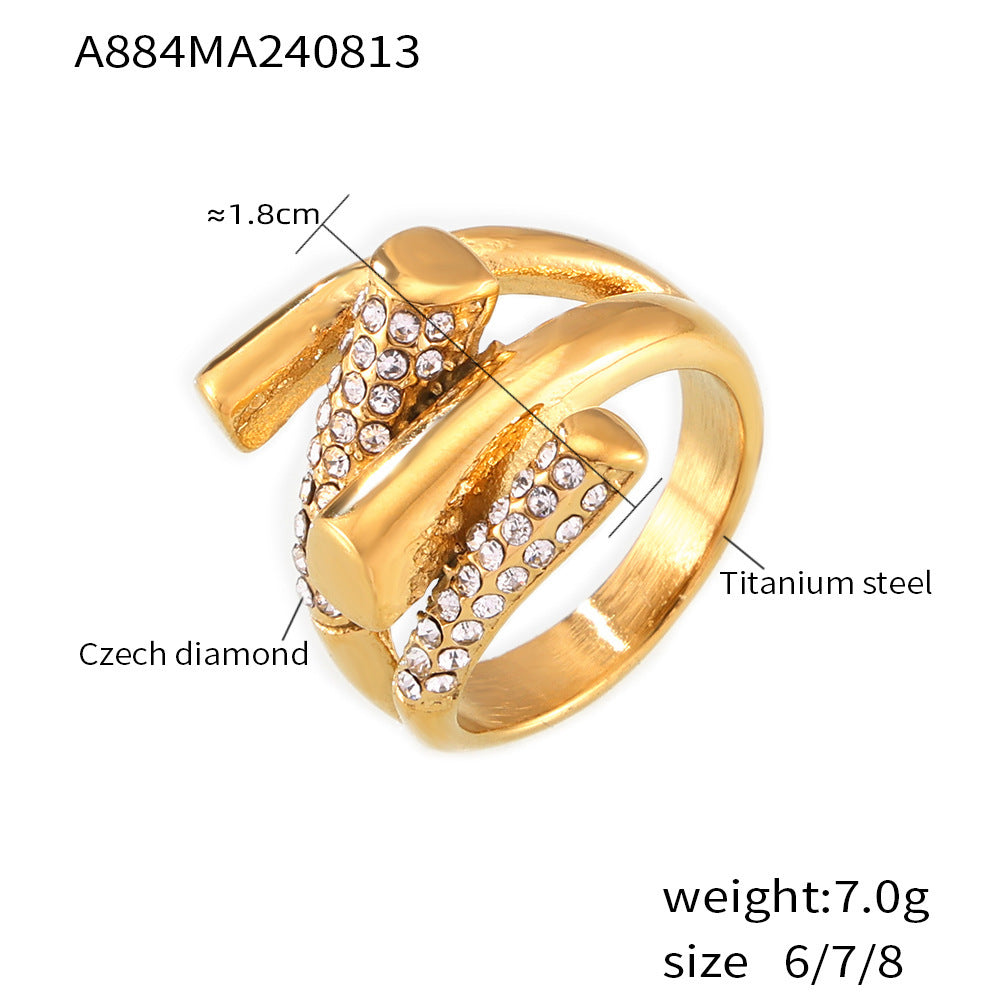 316L stainless steel geometric crisscross CZ ring with gold finish for wholesale jewelry
