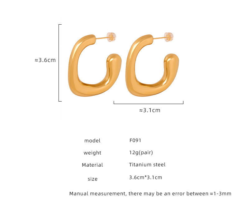316L stainless steel geometric hoop earrings size reference, 3.6cm by 3.1cm, 12g per pair