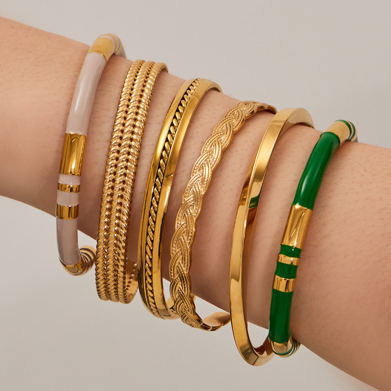 316L Stainless Steel Geometric Hollow Stacking Open Bracelet Set - Image 1