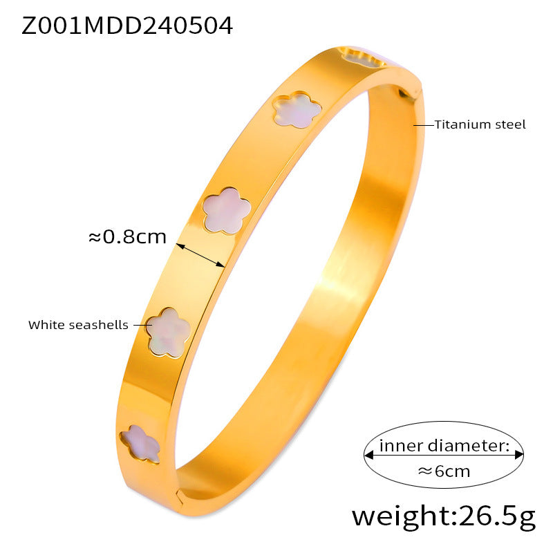 316L Stainless Steel Geometric Mother of Pearl Flower Bangle - Image 2