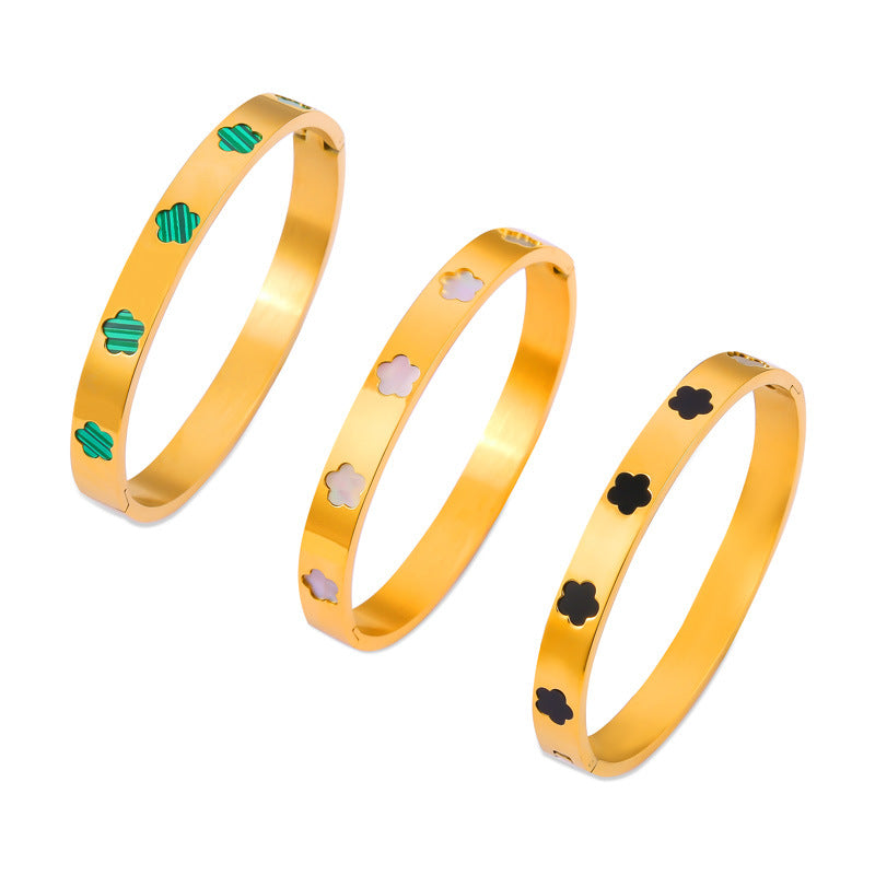 316L Stainless Steel Geometric Mother of Pearl Flower Bangle - Image 4