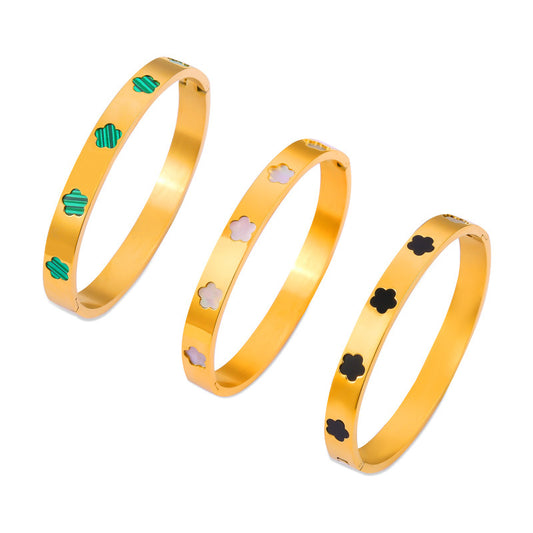 316L Stainless Steel Geometric Mother of Pearl Flower Bangle - Image 4