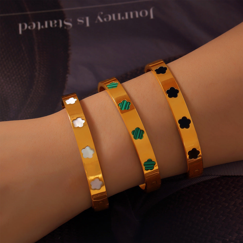 316L Stainless Steel Geometric Mother of Pearl Flower Bangle - Image 5