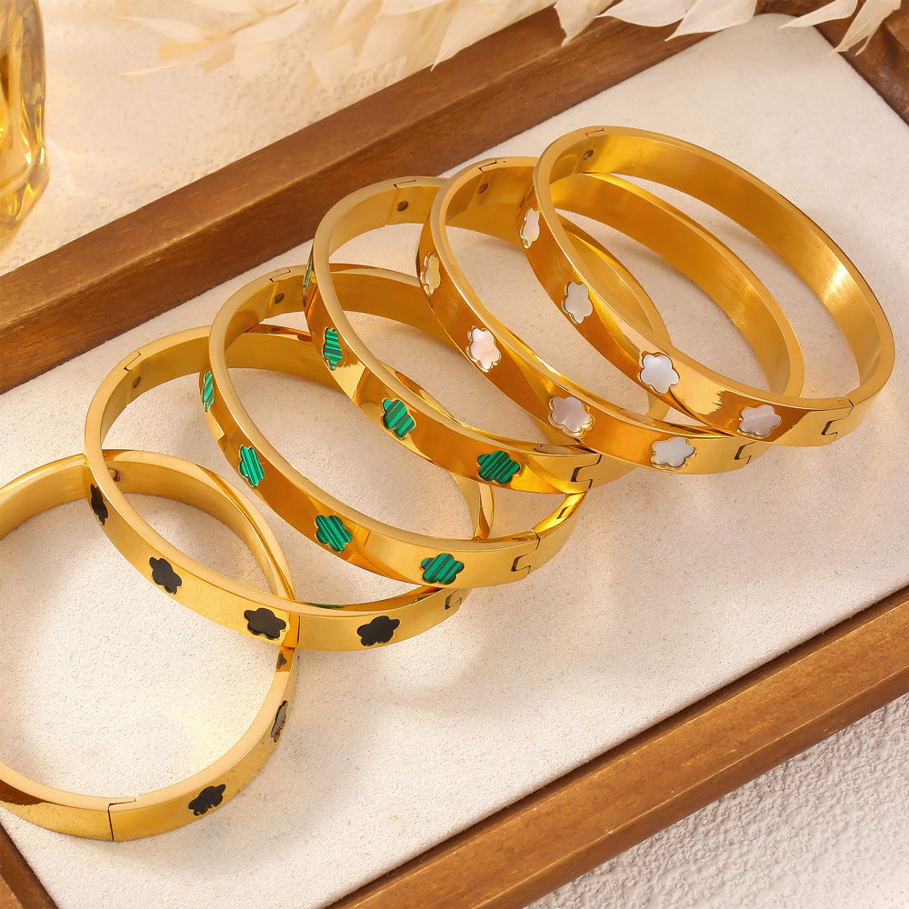 316L Stainless Steel Geometric Mother of Pearl Flower Bangle - Image 6