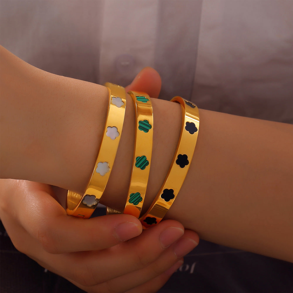 316L Stainless Steel Geometric Mother of Pearl Flower Bangle - Image 7