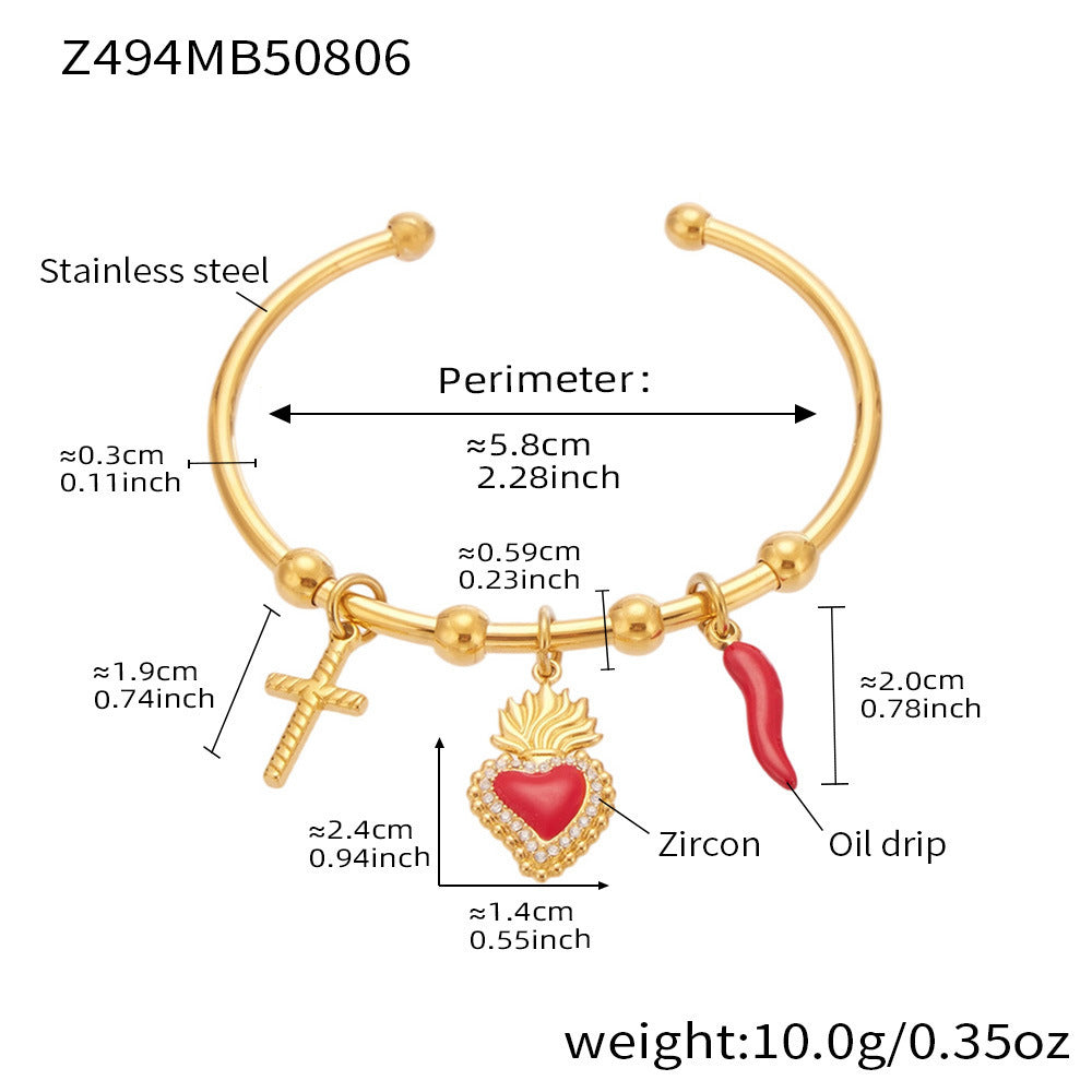 316L Stainless Steel Geometric Open Bangle Set with Enamel Heart & Zircon Starfish Accents - Image 1
