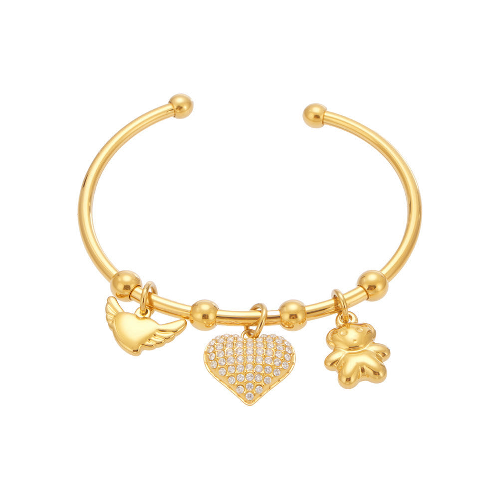 316L Stainless Steel Geometric Open Bangle Set with Enamel Heart & Zircon Starfish Accents - Image 10