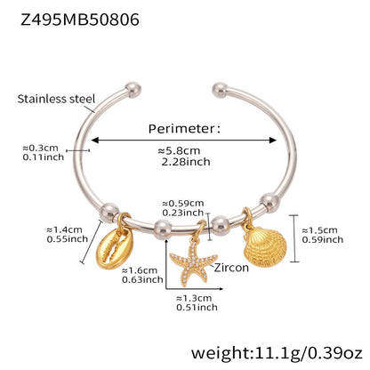316L Stainless Steel Geometric Open Bangle Set with Enamel Heart & Zircon Starfish Accents - Image 4