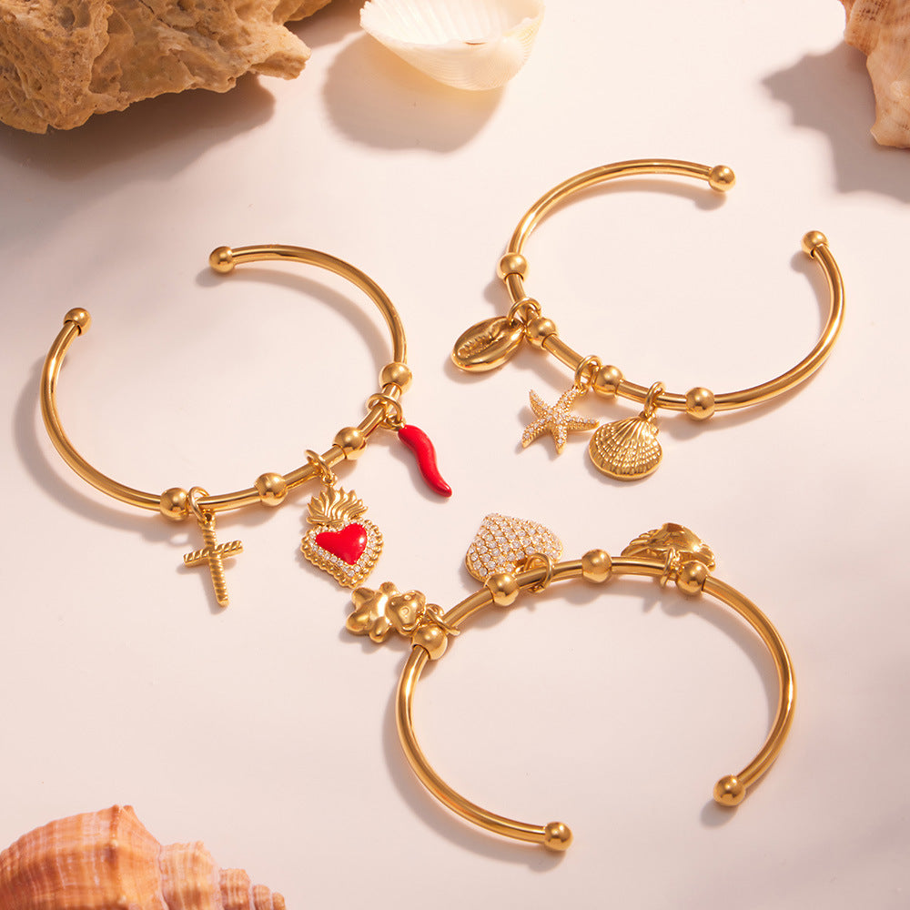 316L Stainless Steel Geometric Open Bangle Set with Enamel Heart & Zircon Starfish Accents - Image 5