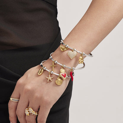 316L Stainless Steel Geometric Open Bangle Set with Enamel Heart & Zircon Starfish Accents - Image 8