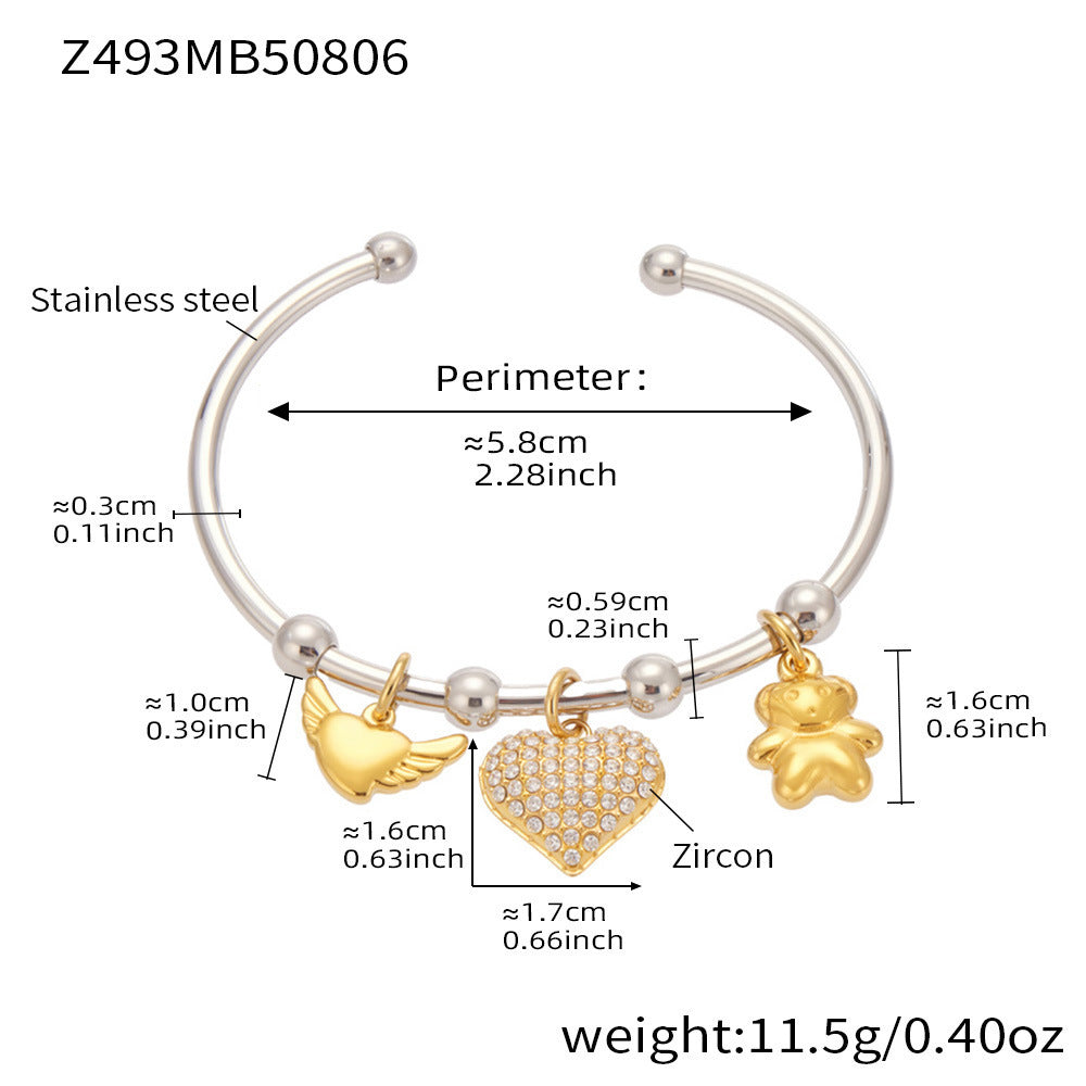 316L Stainless Steel Geometric Open Bangle Set with Enamel Heart & Zircon Starfish Accents - Image 9