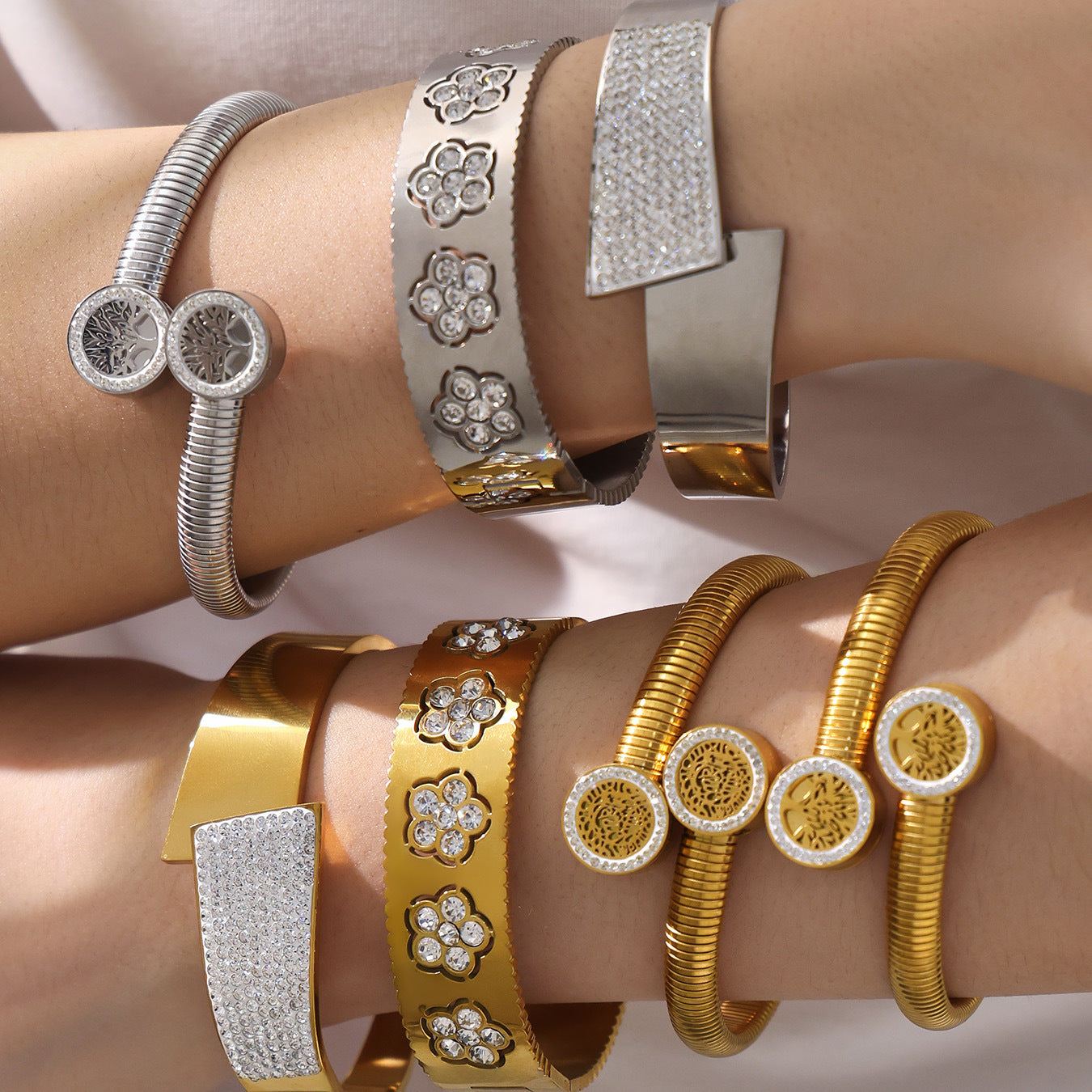 316L Stainless Steel Geometric Pave Disc Bangle - Image 14