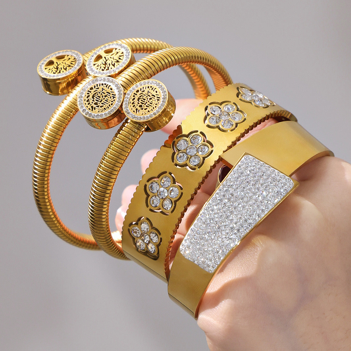 316L Stainless Steel Geometric Pave Disc Bangle - Image 15