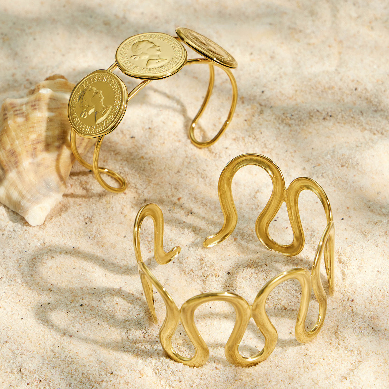 316L Stainless Steel 18K PVD Gold Geometric Wave Bangle made with 316L stainless steel and 18K PVD gold finish for wholesale jewelry buyers - image 8