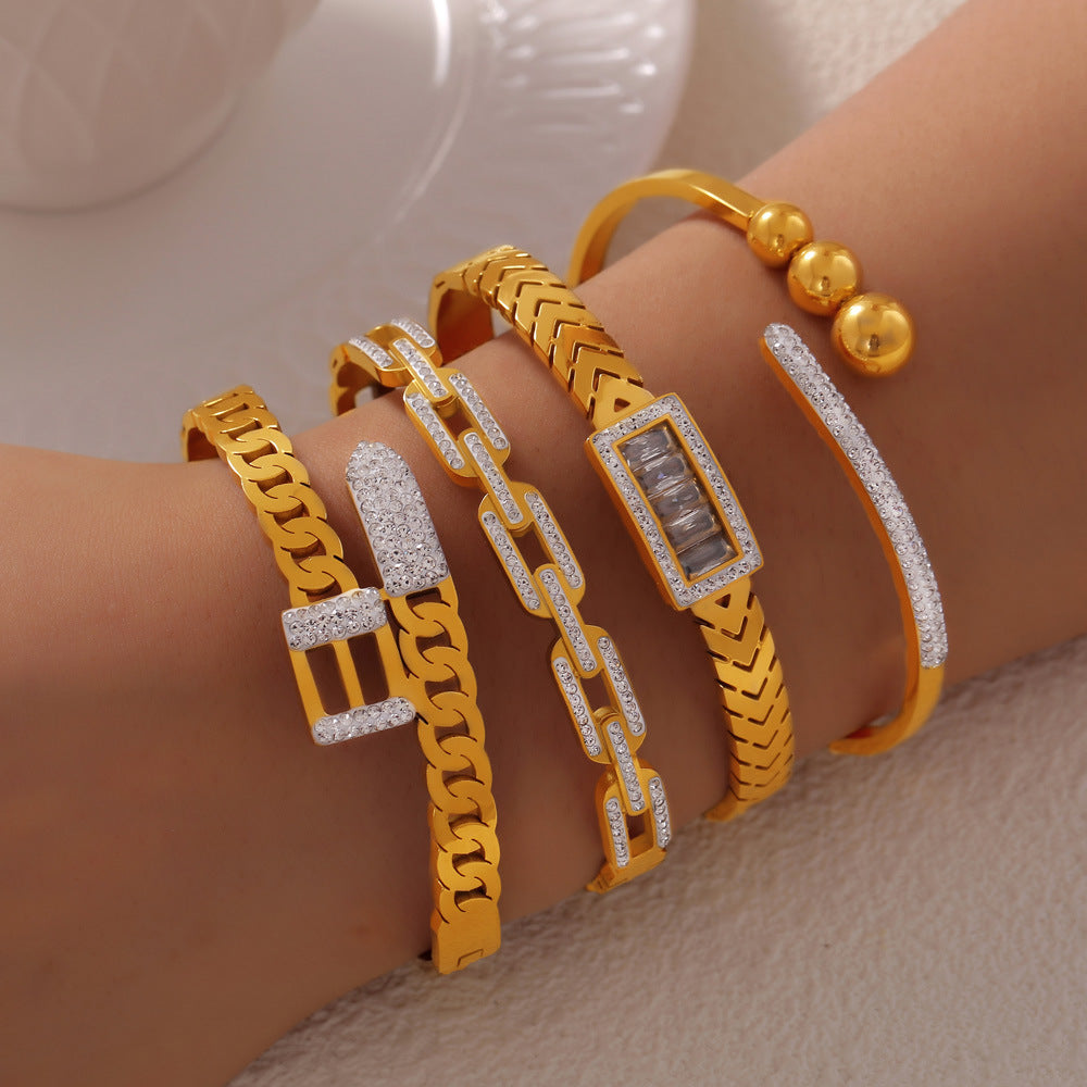 316L Stainless Steel Geometric Zircon Chain Bangle - Image 7