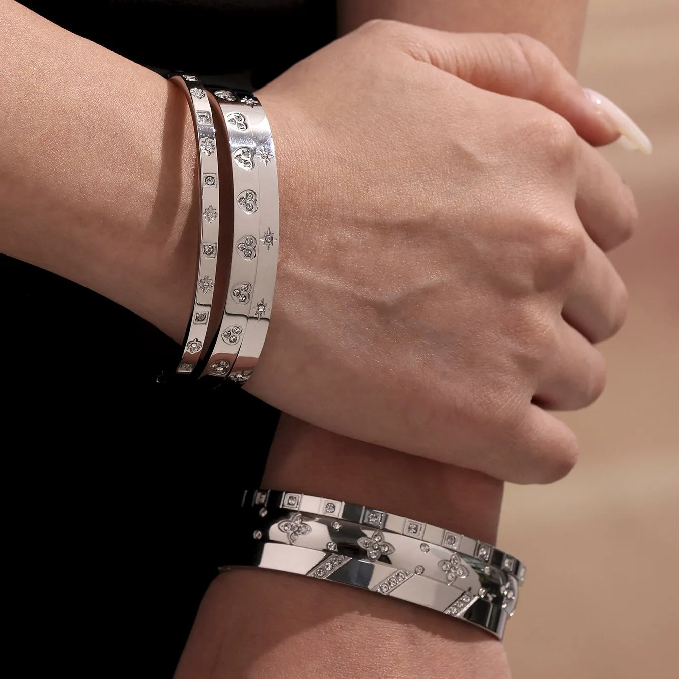 316L Stainless Steel Geometric Zircon Cuff Bangle - Image 4