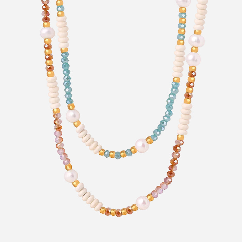 316L stainless steel glass stone and pearl beaded necklace on white background, wholesale jewelry