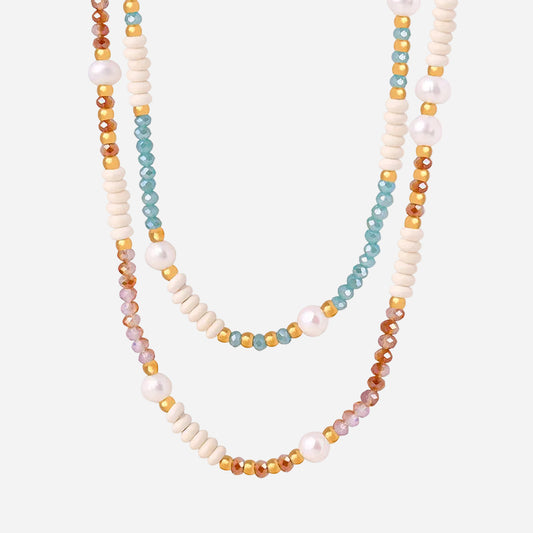 316L stainless steel glass stone and pearl beaded necklace on white background, wholesale jewelry