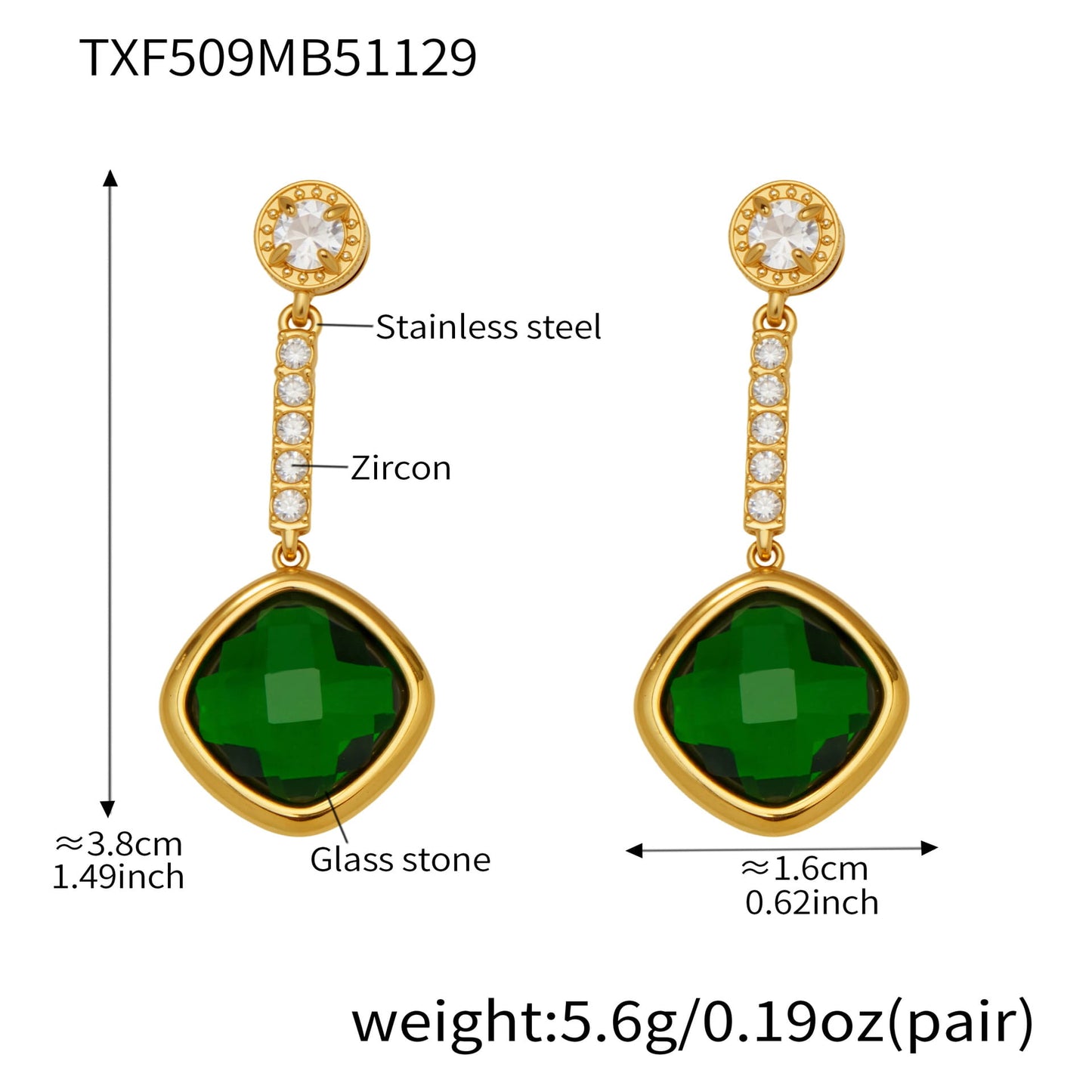 316L stainless steel glass stone drop earrings with zircon accents