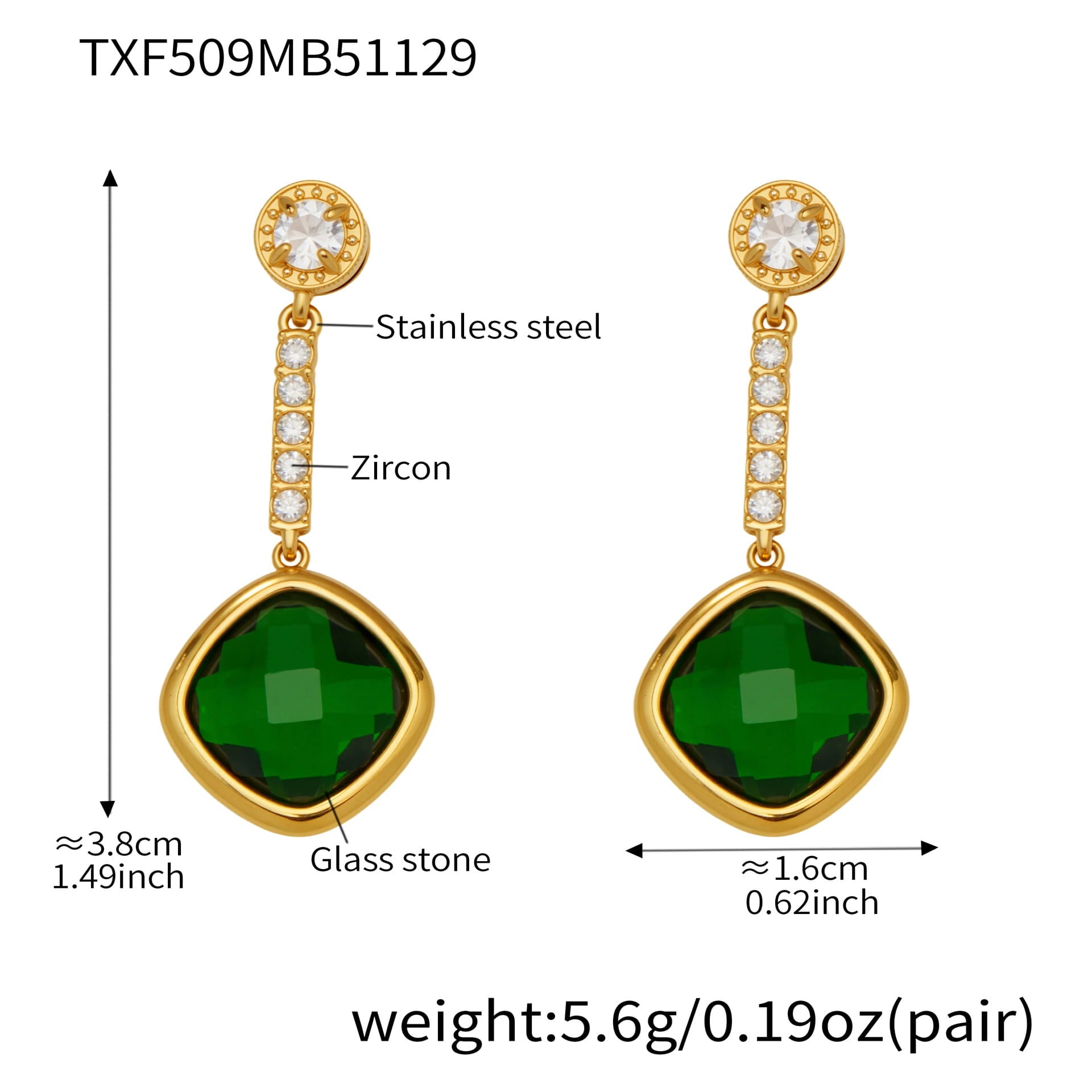 316L stainless steel glass stone drop earrings with zircon accents