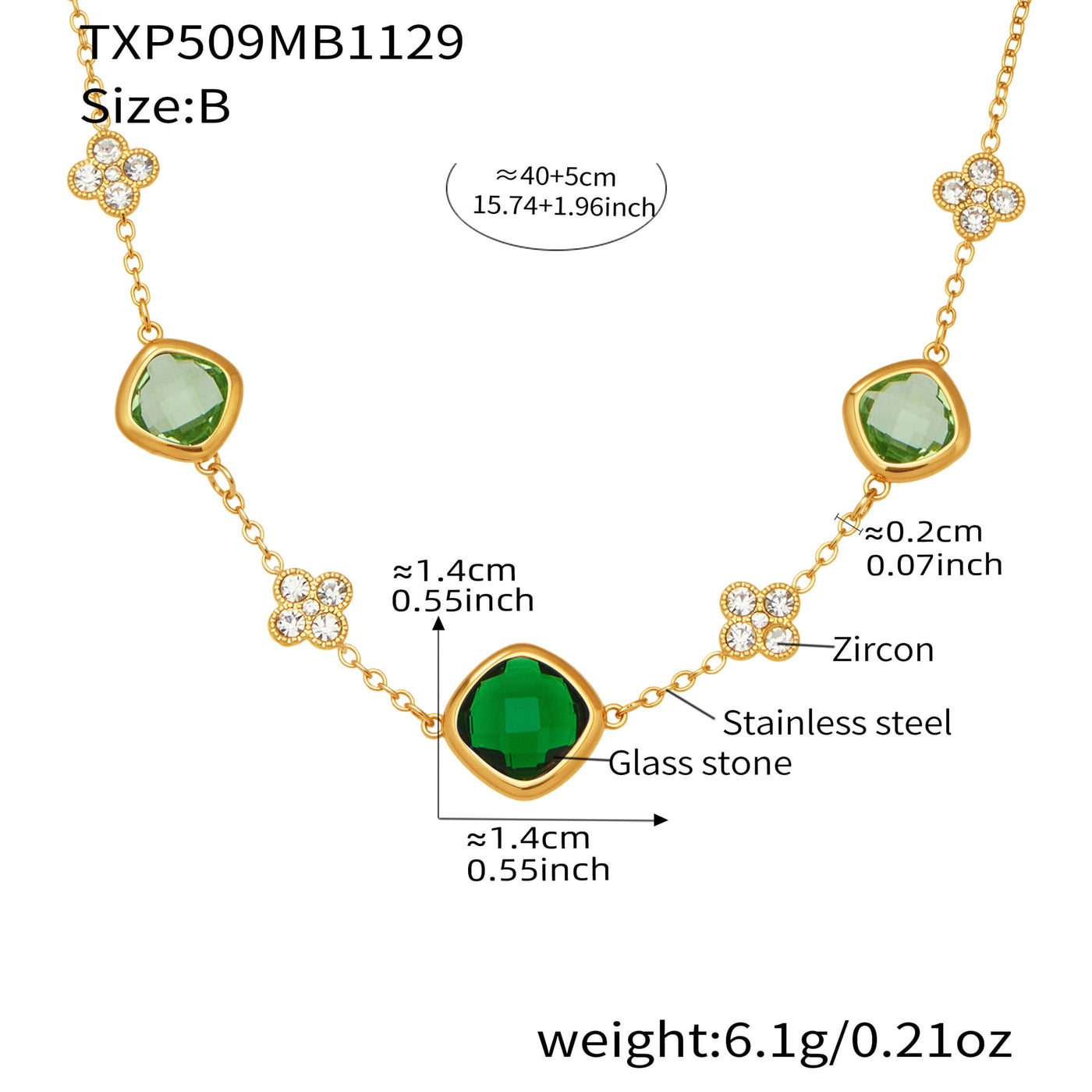 316L stainless steel glass stone necklace 40cm with 18k pvd gold plating