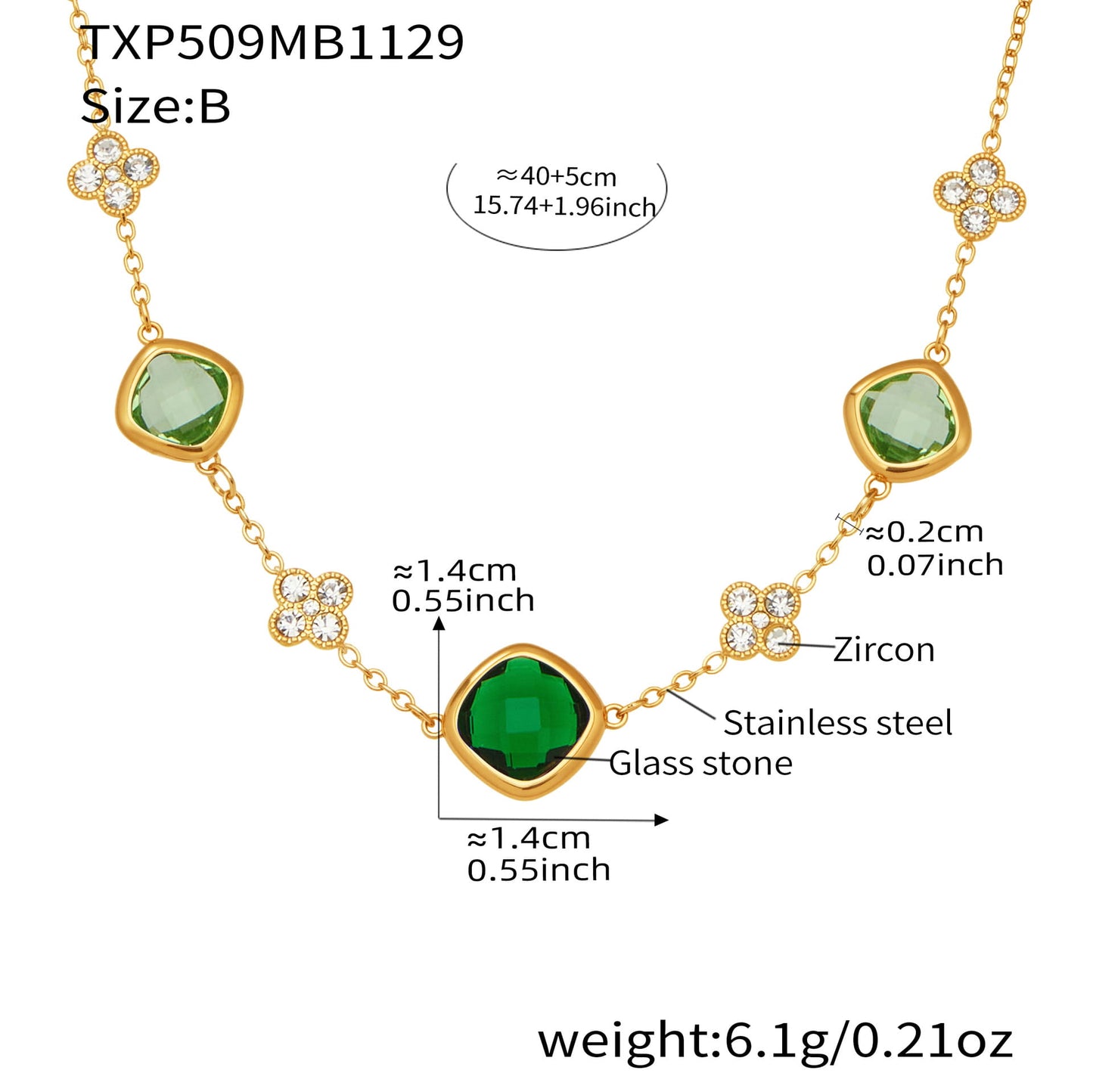 316L stainless steel glass stone necklace 40cm with 18k pvd gold plating