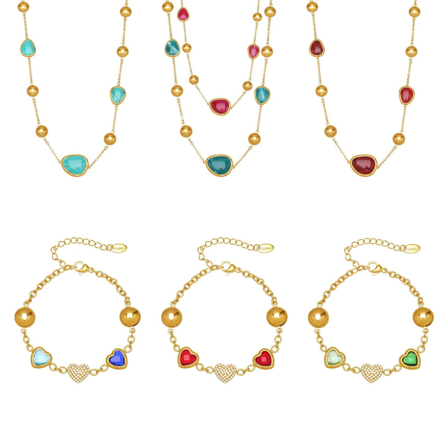 316L stainless steel colorful glass stone necklace and bracelet set showing multiple color options for wholesale buyers