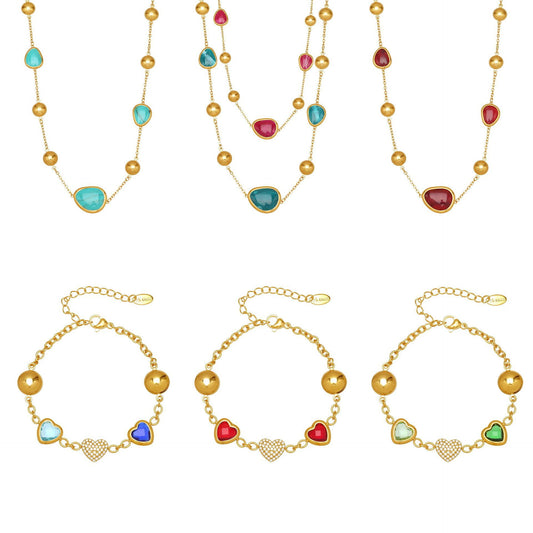 316L stainless steel colorful glass stone necklace and bracelet set showing multiple color options for wholesale buyers