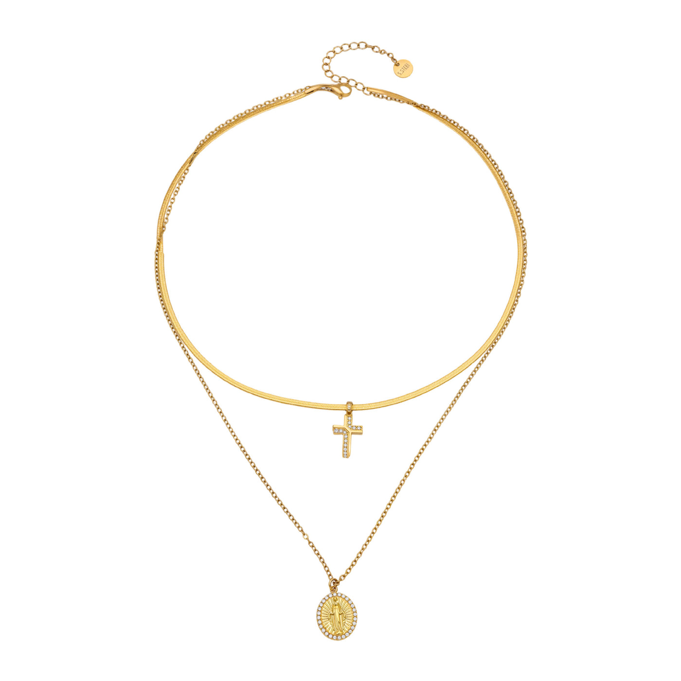 316L Stainless Steel Goddess Round Plate Double Layer Blade Chain Zircon Cross Pendant Necklace - Image 2