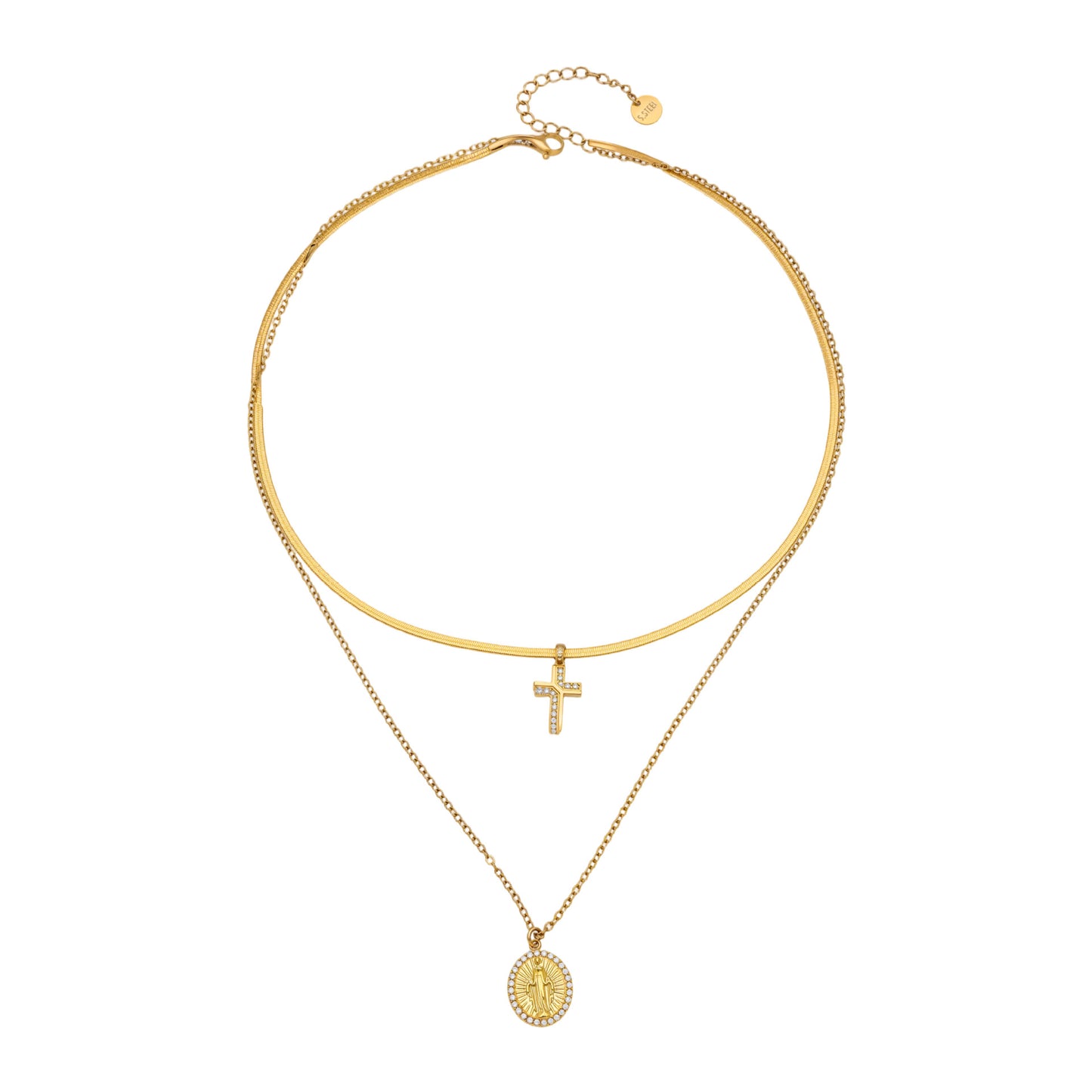 316L Stainless Steel Goddess Round Plate Double Layer Blade Chain Zircon Cross Pendant Necklace - Image 2