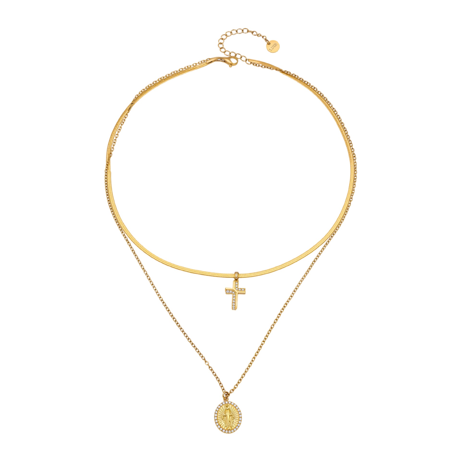 316L Stainless Steel Goddess Round Plate Double Layer Blade Chain Zircon Cross Pendant Necklace - Image 2
