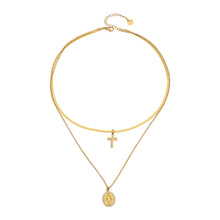 316L Stainless Steel Goddess Round Plate Double Layer Blade Chain Zircon Cross Pendant Necklace - Image 2