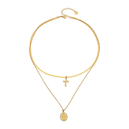 316L Stainless Steel Goddess Round Plate Double Layer Blade Chain Zircon Cross Pendant Necklace - Image 2
