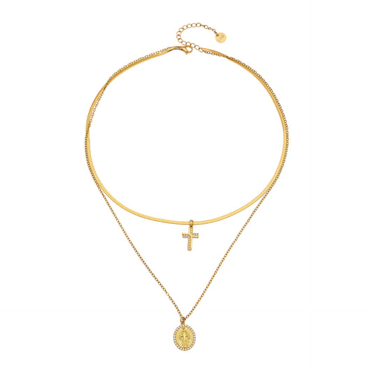 316L Stainless Steel Goddess Round Plate Double Layer Blade Chain Zircon Cross Pendant Necklace - Image 2