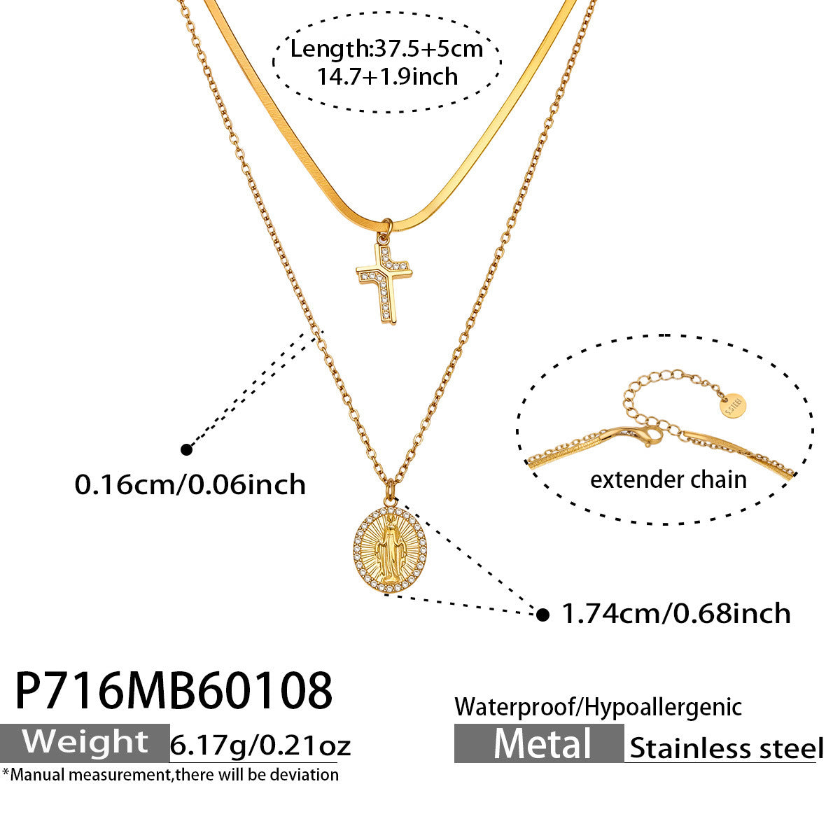 316L Stainless Steel Goddess Round Plate Double Layer Blade Chain Zircon Cross Pendant Necklace - Image 3