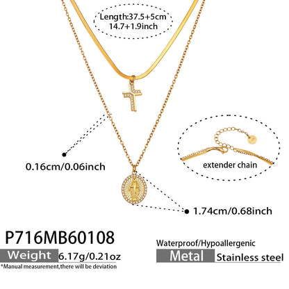 316L Stainless Steel Goddess Round Plate Double Layer Blade Chain Zircon Cross Pendant Necklace - Image 3