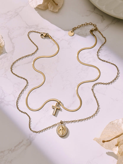 316L Stainless Steel Goddess Round Plate Double Layer Blade Chain Zircon Cross Pendant Necklace - Image 4