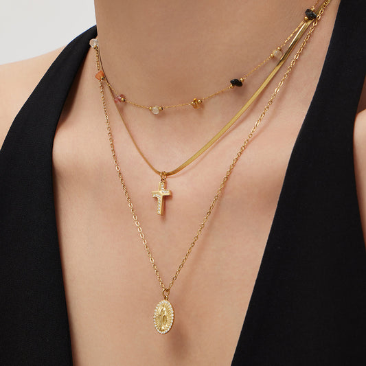 316L Stainless Steel Goddess Round Plate Double Layer Blade Chain Zircon Cross Pendant Necklace - Image 5