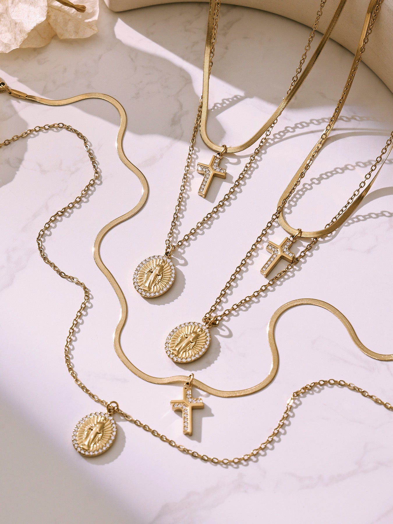 316L Stainless Steel Goddess Round Plate Double Layer Blade Chain Zircon Cross Pendant Necklace - Image 6