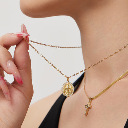 316L Stainless Steel Goddess Round Plate Double Layer Blade Chain Zircon Cross Pendant Necklace - Image 7