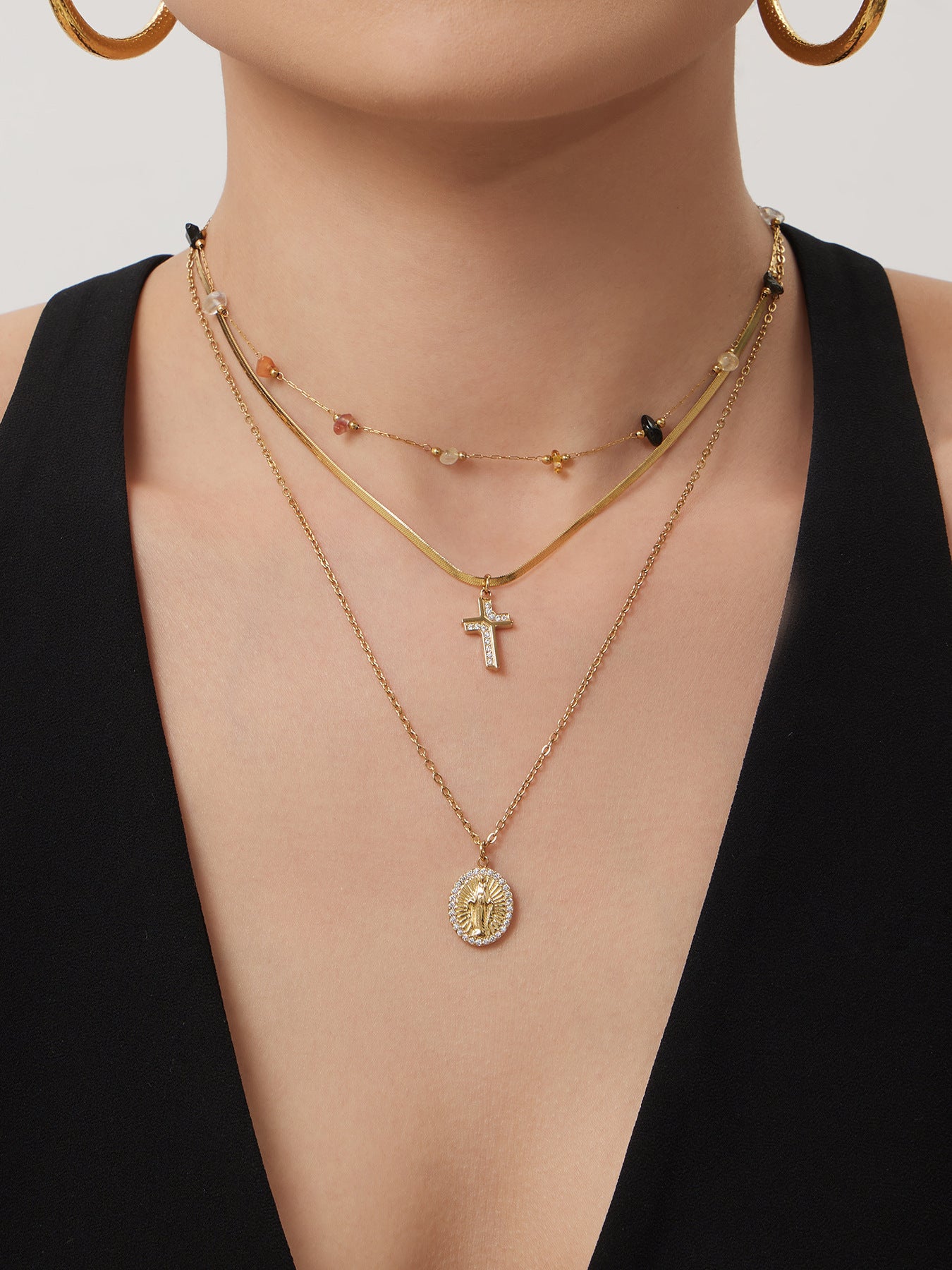 316L Stainless Steel Goddess Round Plate Double Layer Blade Chain Zircon Cross Pendant Necklace - Image 8