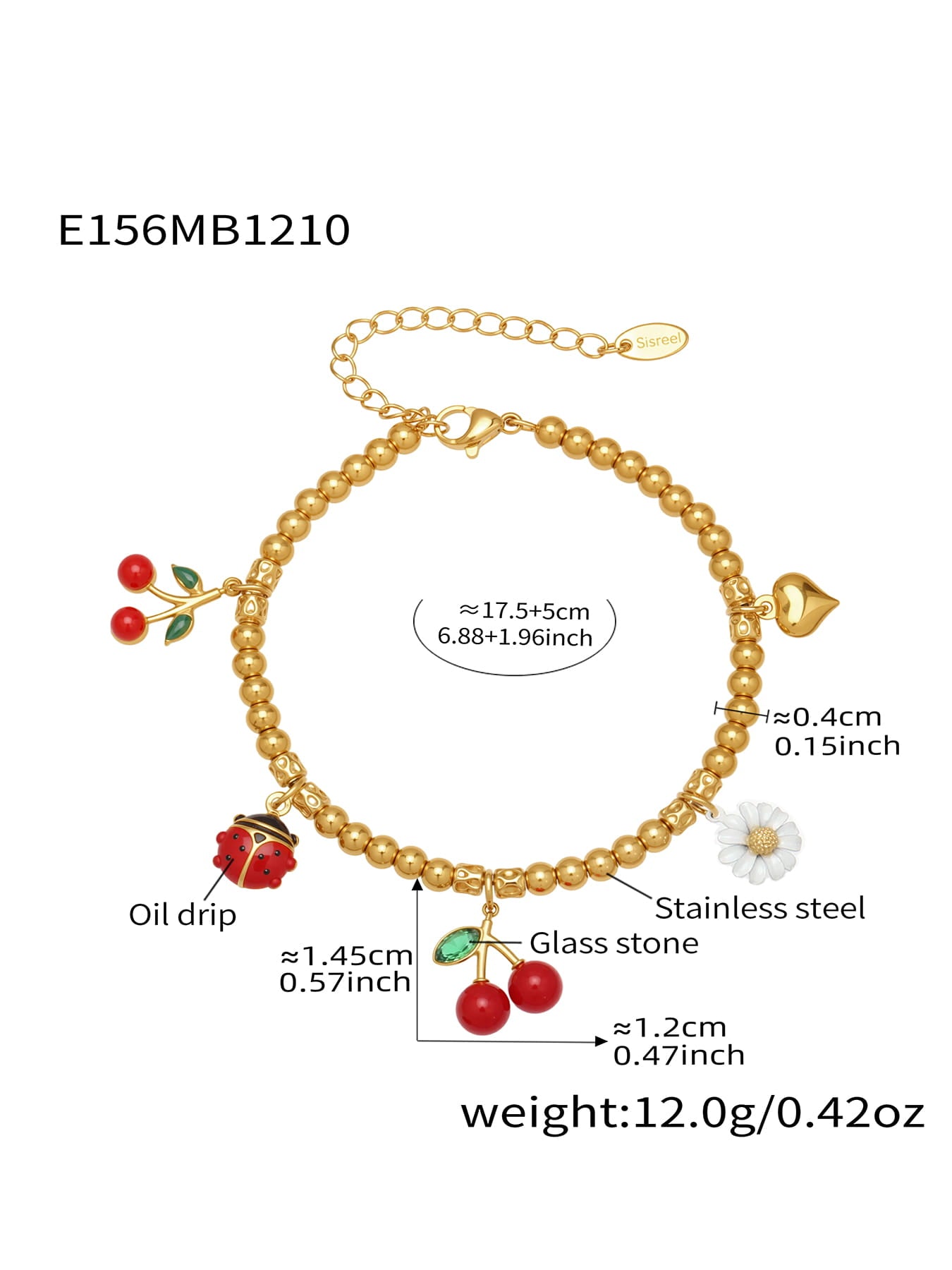 316L stainless steel gold cherry daisy charm bracelet measurements