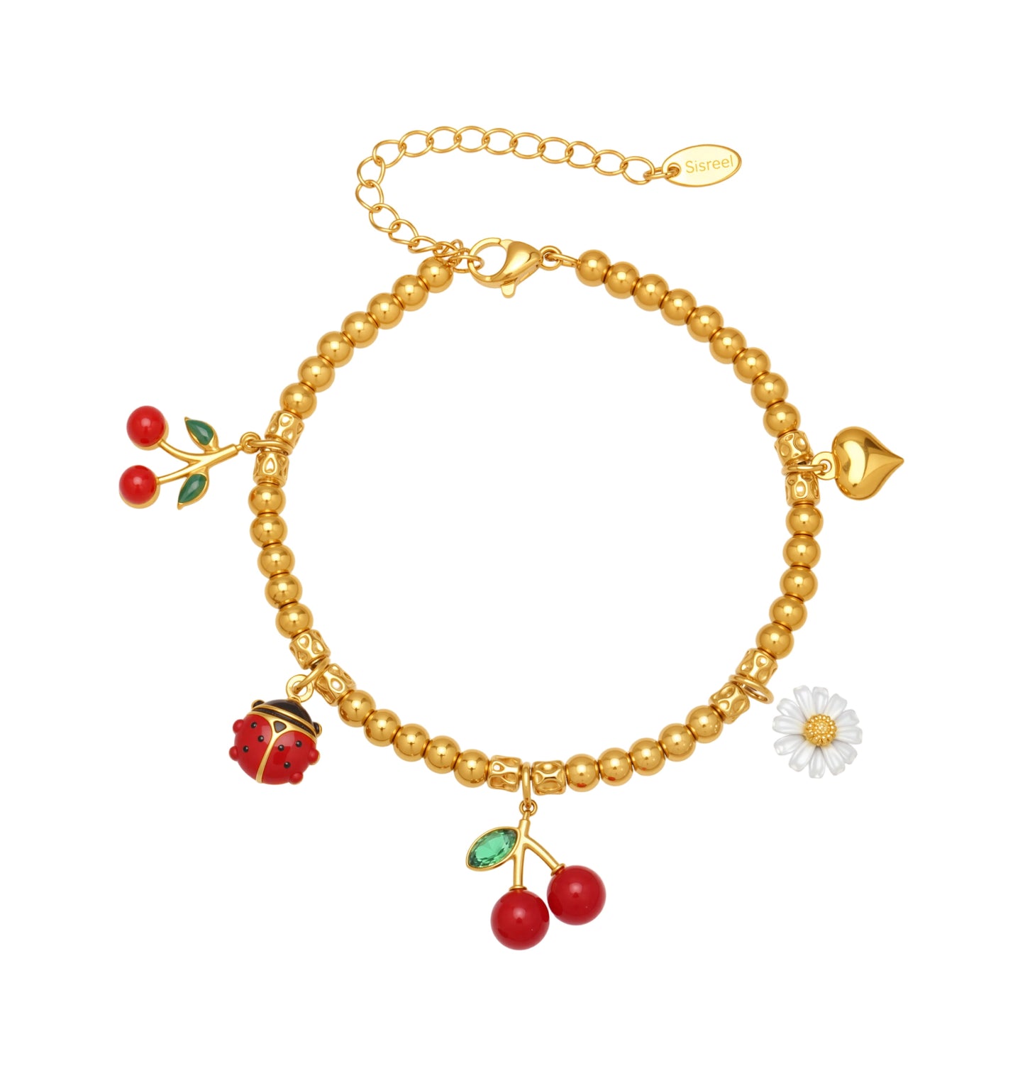 316L stainless steel gold beaded charm bracelet with cherry daisy and ladybug charms wholesale
