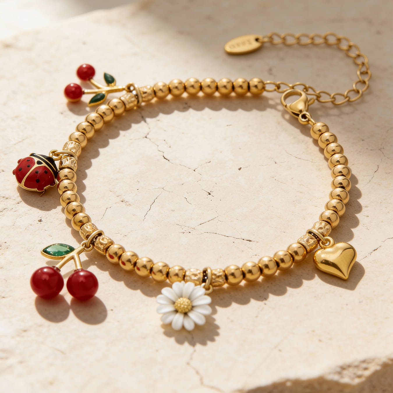 316L stainless steel gold cherry daisy charm beaded bracelet wholesale