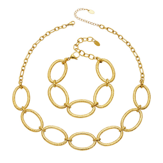 316L stainless steel gold chunky chain necklace and matching bracelet with textured oval links