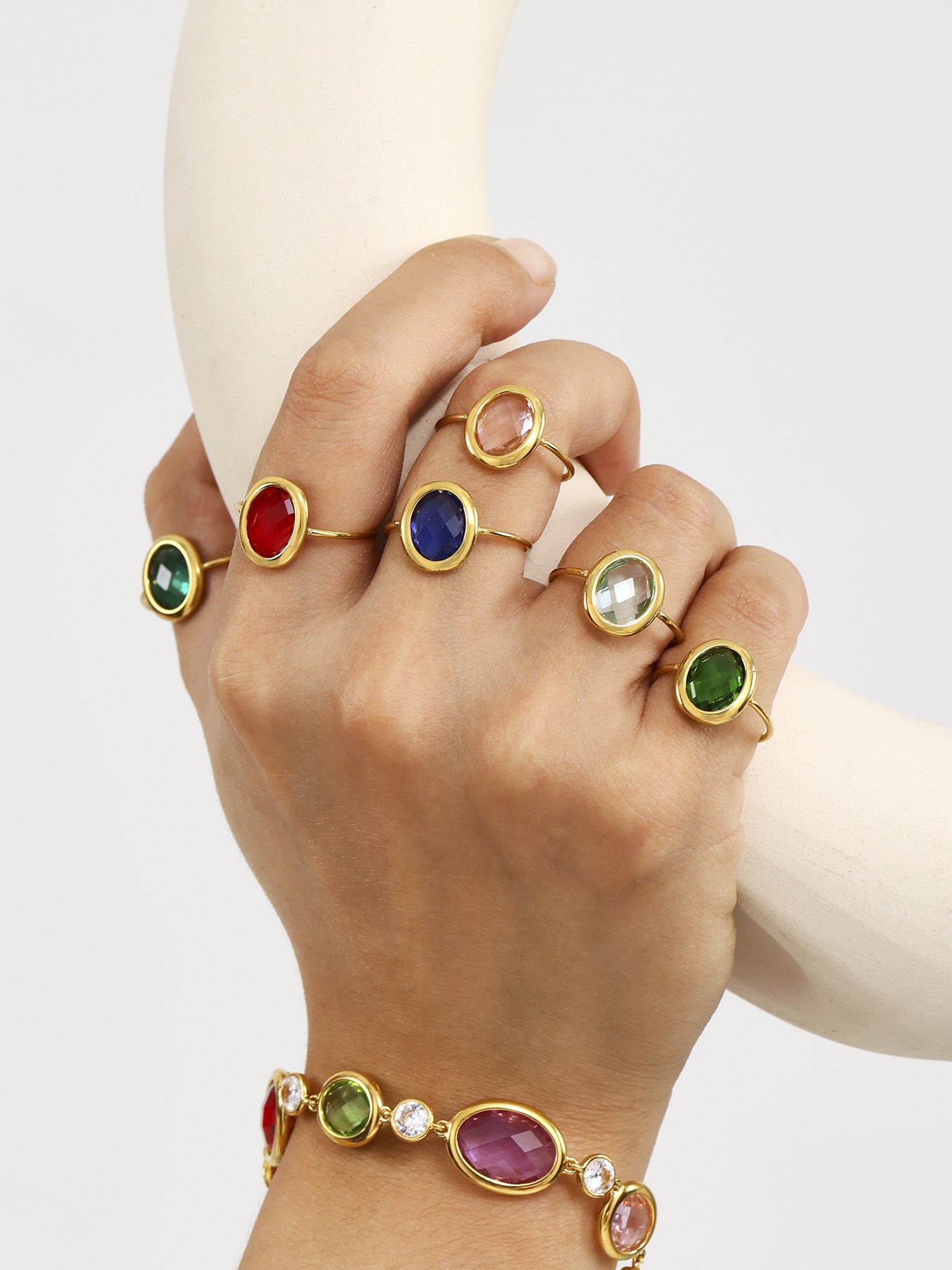 316L Stainless Steel 18K PVD Gold Adjustable Czech Glass Gemstone Ring