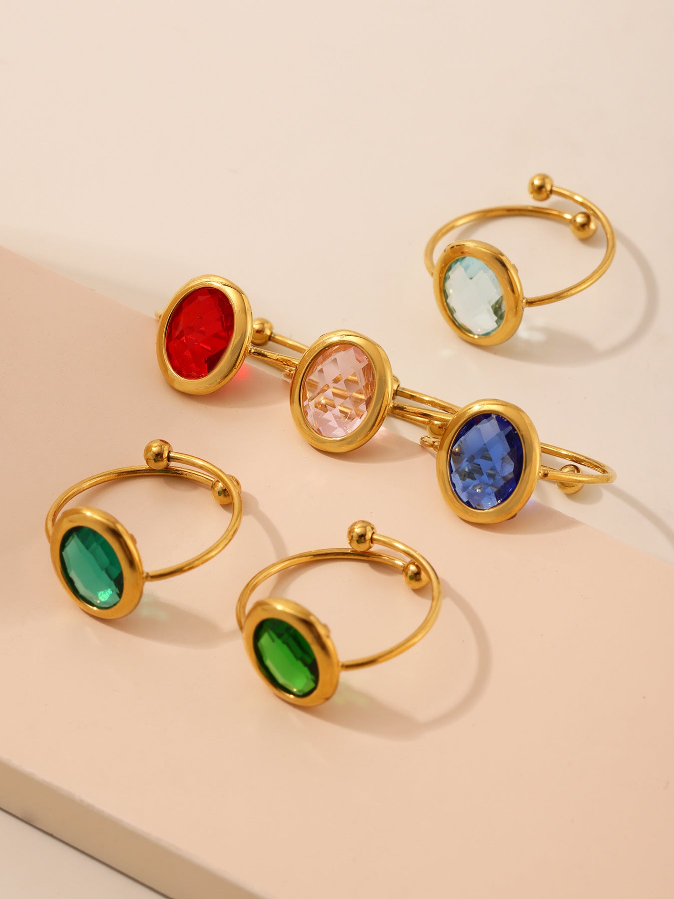 316L Stainless Steel 18K PVD Gold Adjustable Czech Glass Gemstone Ring