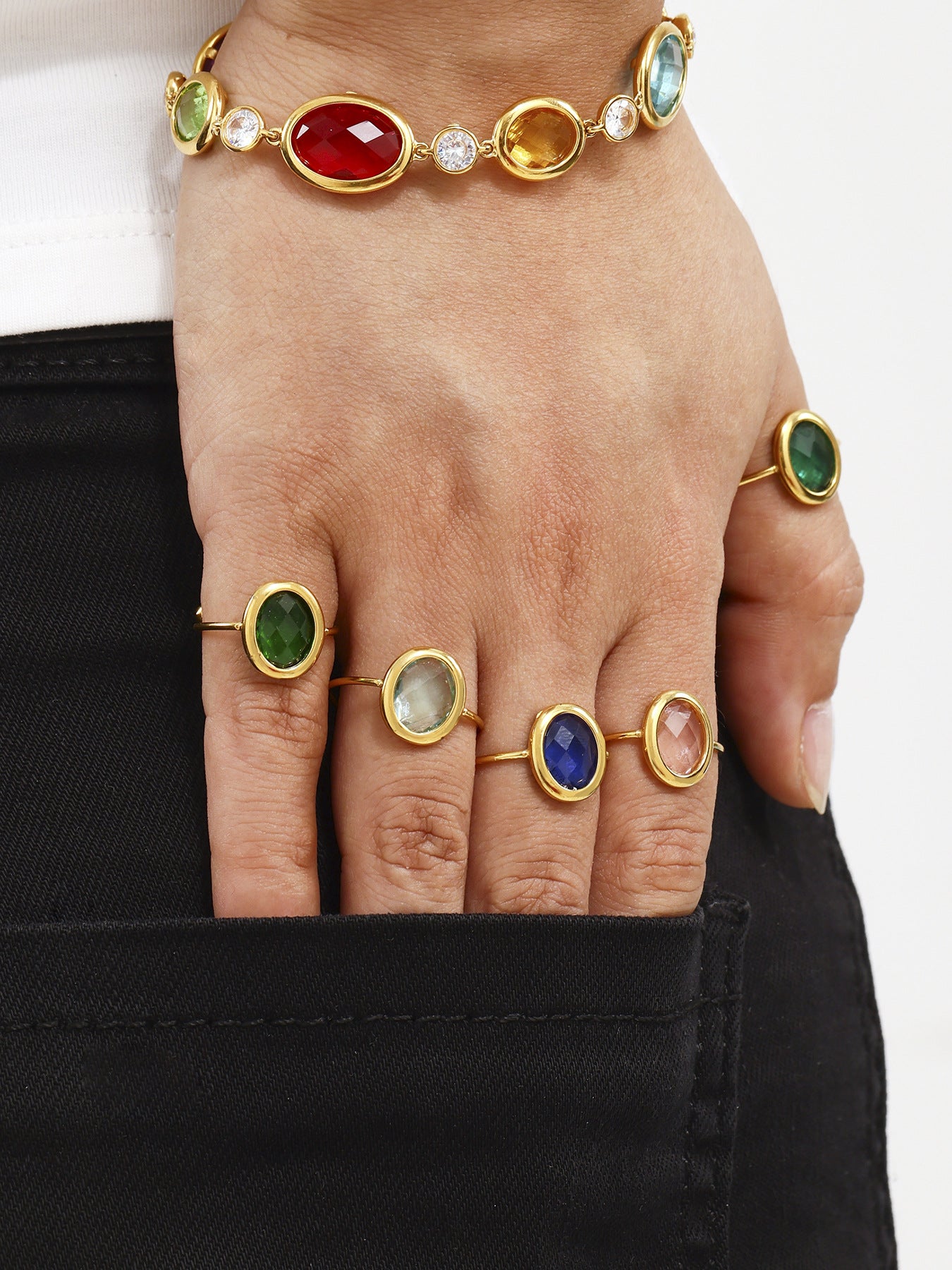 316L Stainless Steel 18K PVD Gold Adjustable Czech Glass Gemstone Ring