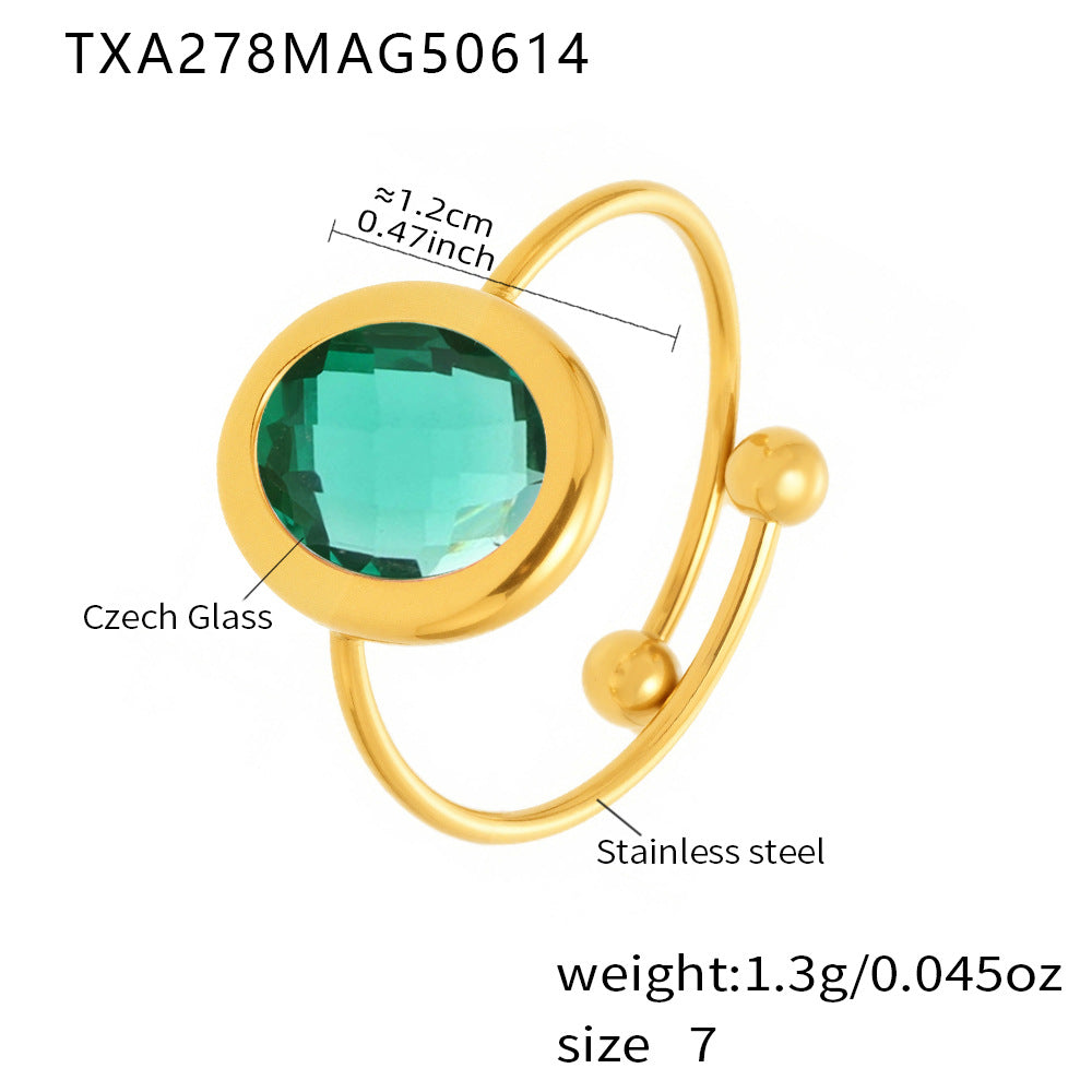 316L Stainless Steel 18K PVD Gold Adjustable Czech Glass Gemstone Ring