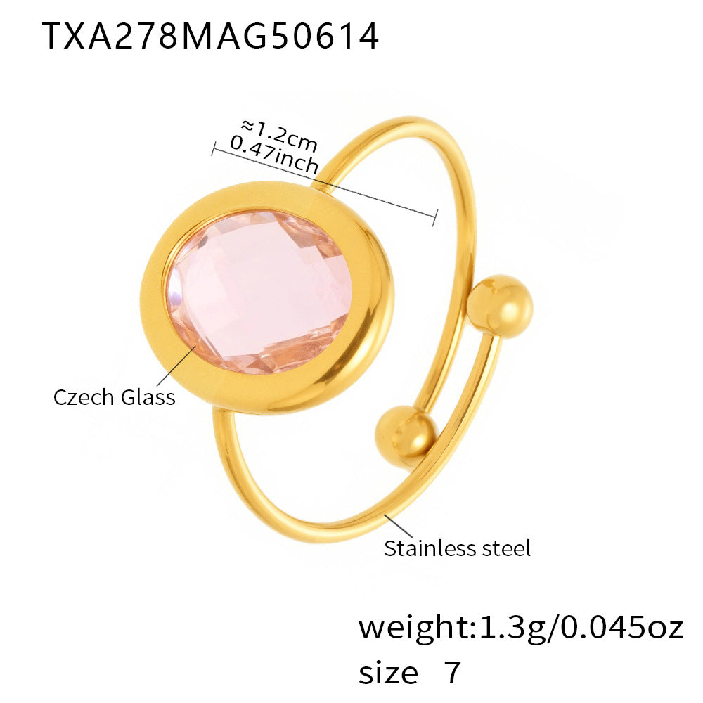 316L Stainless Steel 18K PVD Gold Adjustable Czech Glass Gemstone Ring